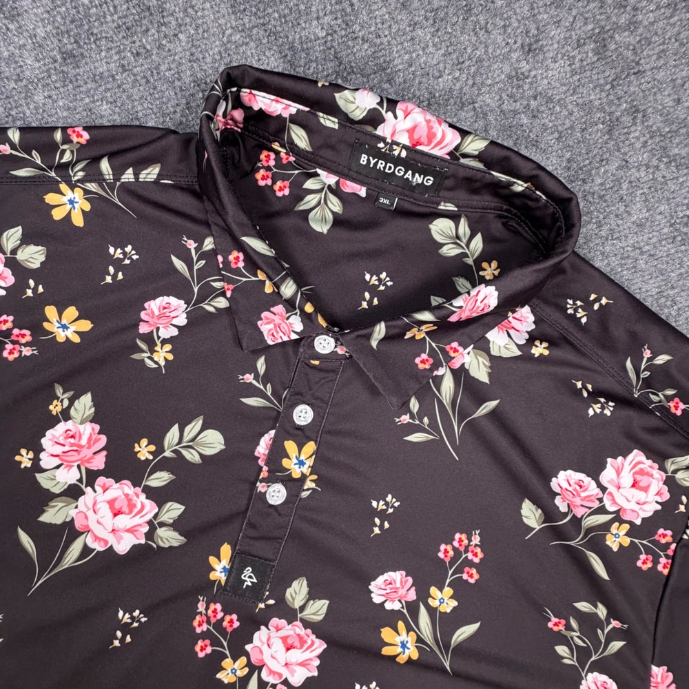 Byrdgang Mens 3XL Black Floral Golf Polo‎ Shirt Short Sleeve Rose Print 0561
